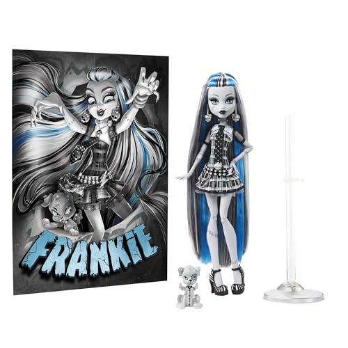 Monster High doll with long gray hair and blue highlights, standing next to a promotional poster featuring the same doll.