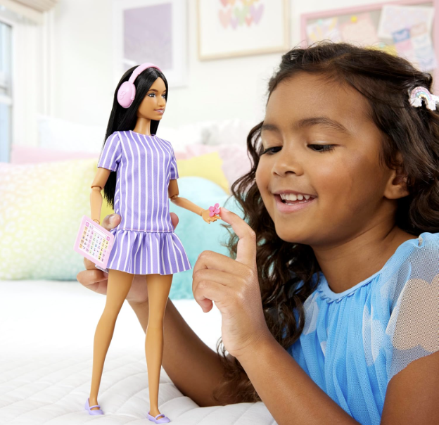 Barbie Fashionistas Doll #245, Autistic Doll Wearing Purple Striped Dress with Accessories Like Fidget Spinner, Tablet and Headphones